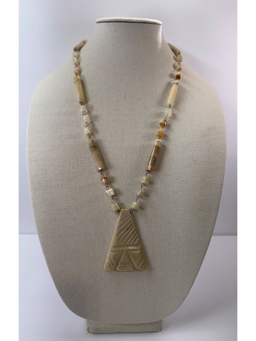Vintage Mexican Carved Calcite Onyx Geometric Face Pendant Necklace 26.5”